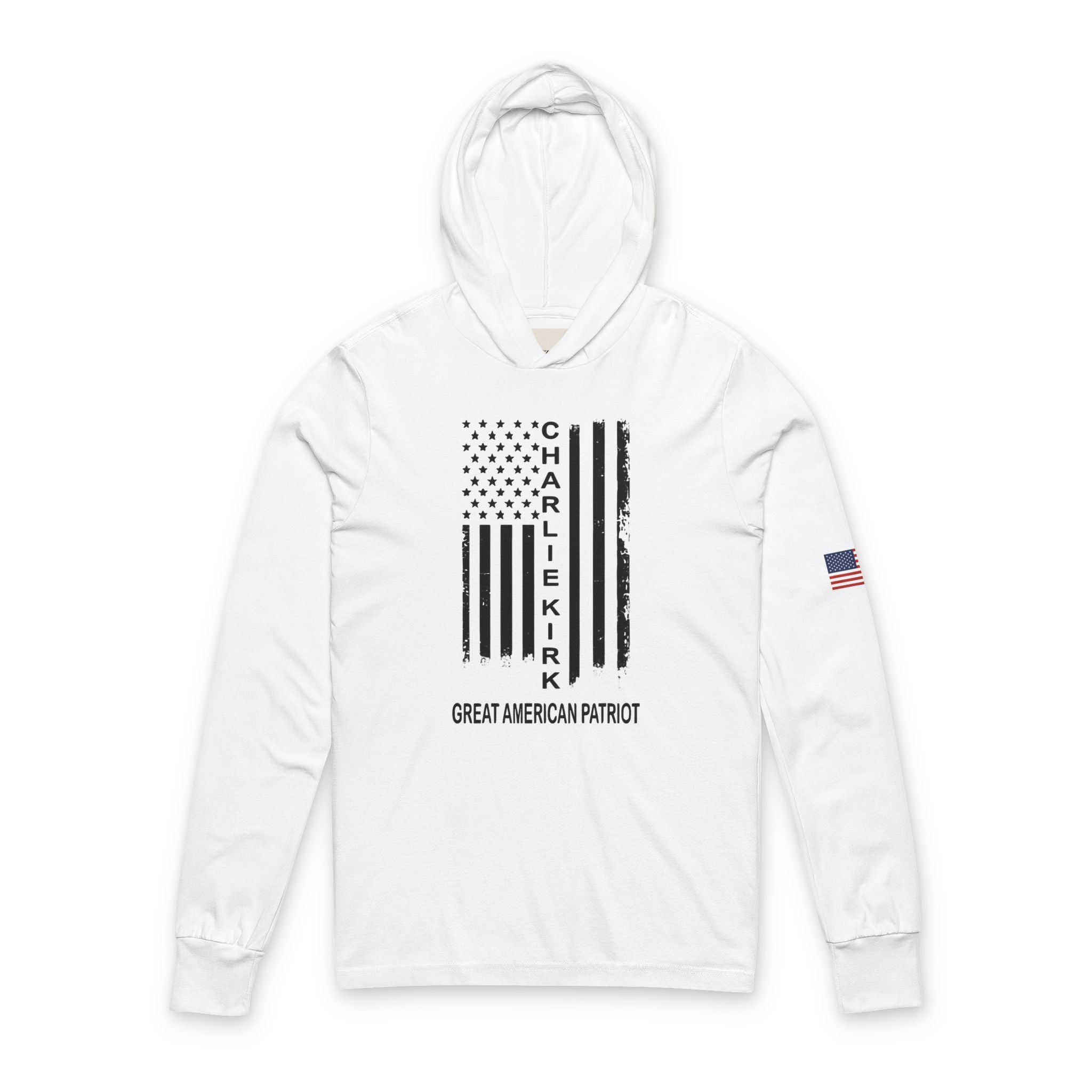 Great American Patriot Long Sleeve Hoodie, Unisex Tee for Patriots, Memorial Day Gift, American Flag Shirt, Tribute to Charlie Kirk