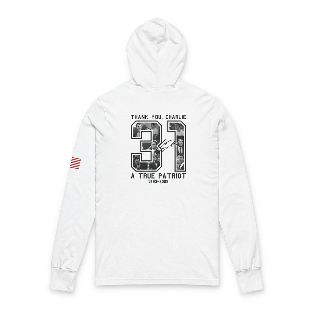 Great American Patriot Long Sleeve Hoodie, Unisex Tee for Patriots, Memorial Day Gift, American Flag Shirt, Tribute to Charlie Kirk