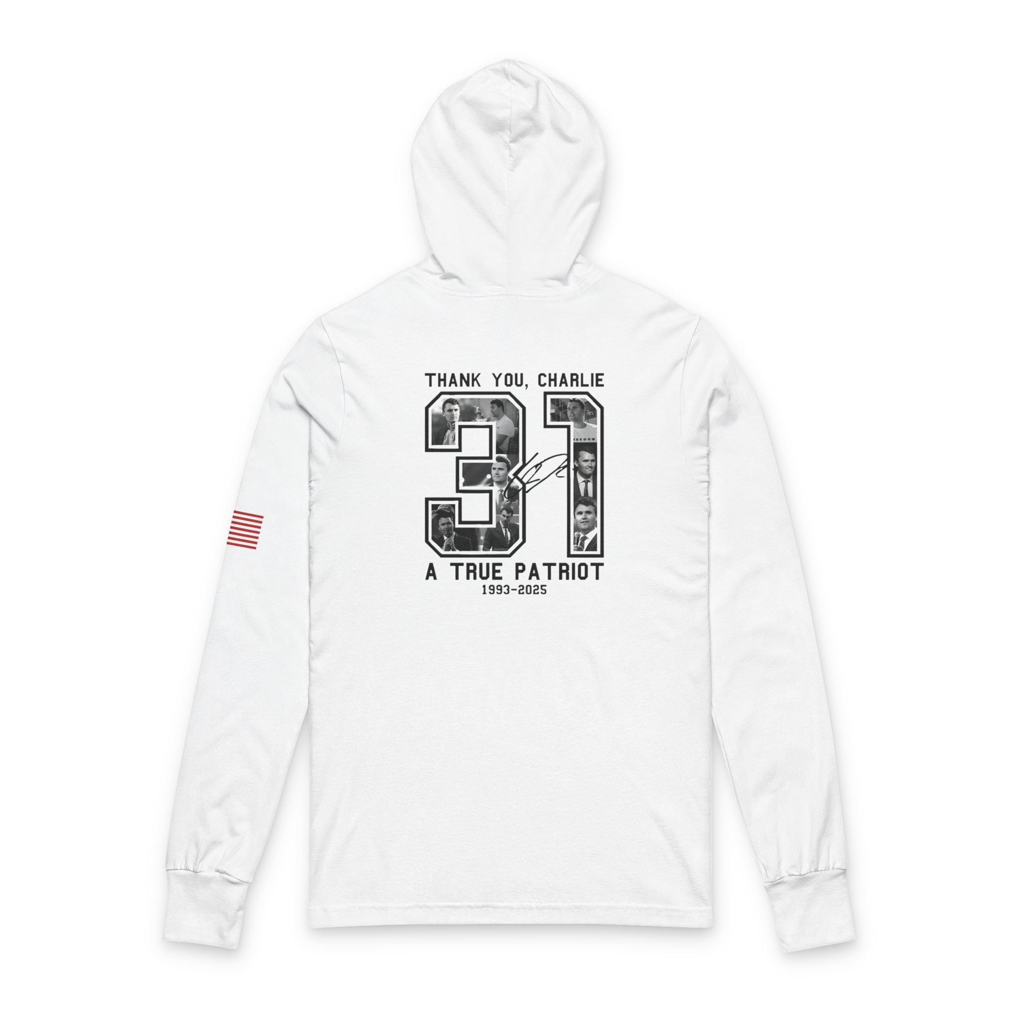 Great American Patriot Long Sleeve Hoodie, Unisex Tee for Patriots, Memorial Day Gift, American Flag Shirt, Tribute to Charlie Kirk